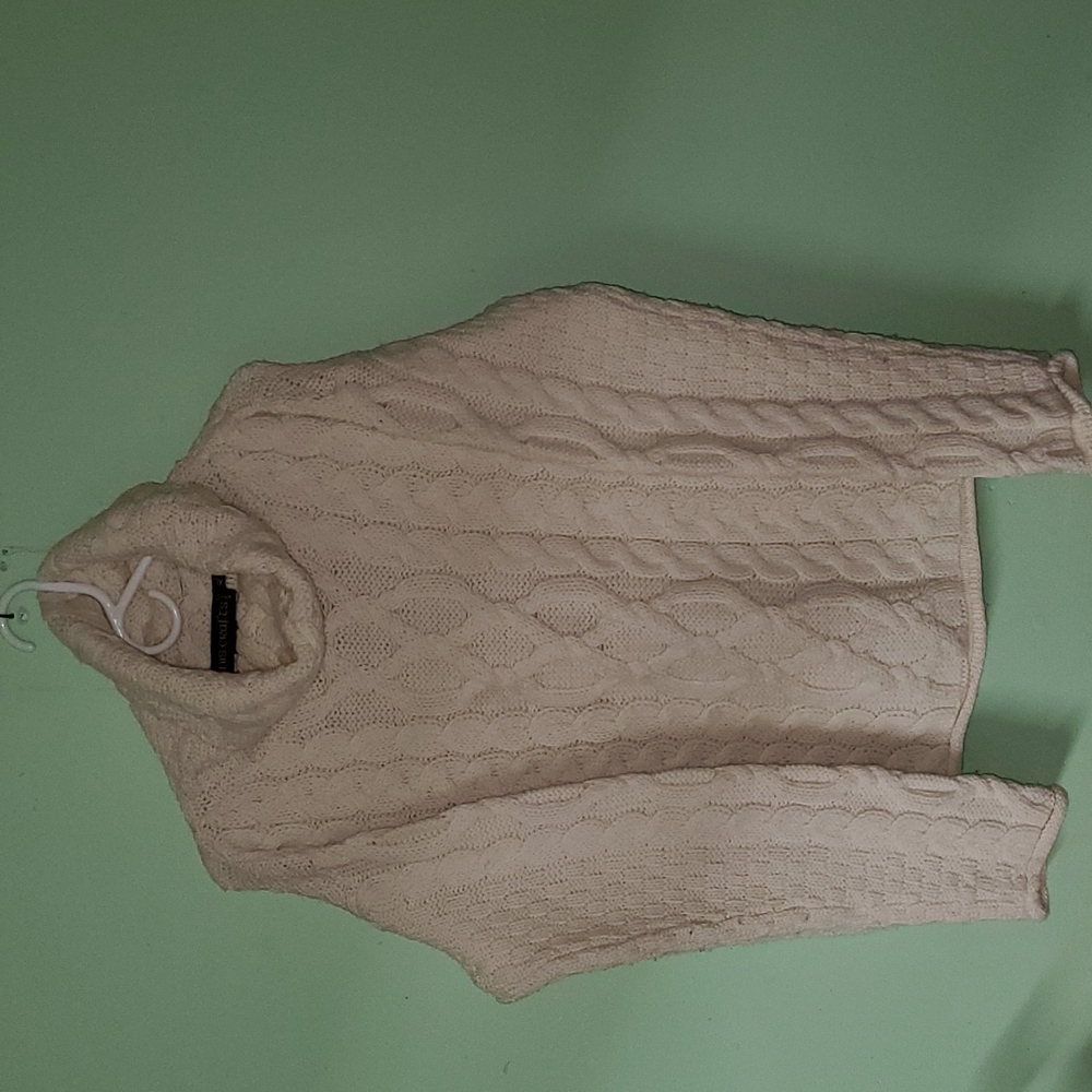 Cream 100% Merino Wool Irish Cable Cowl Neck Sweater